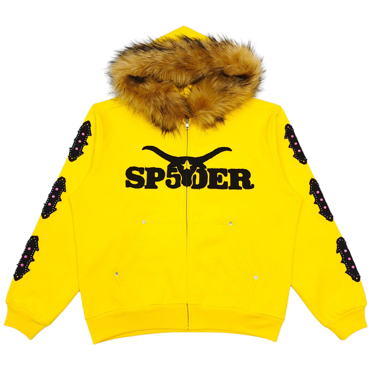 FUR HOODED FULL ZIP HOODIE SWEATSHIRT YELLOW