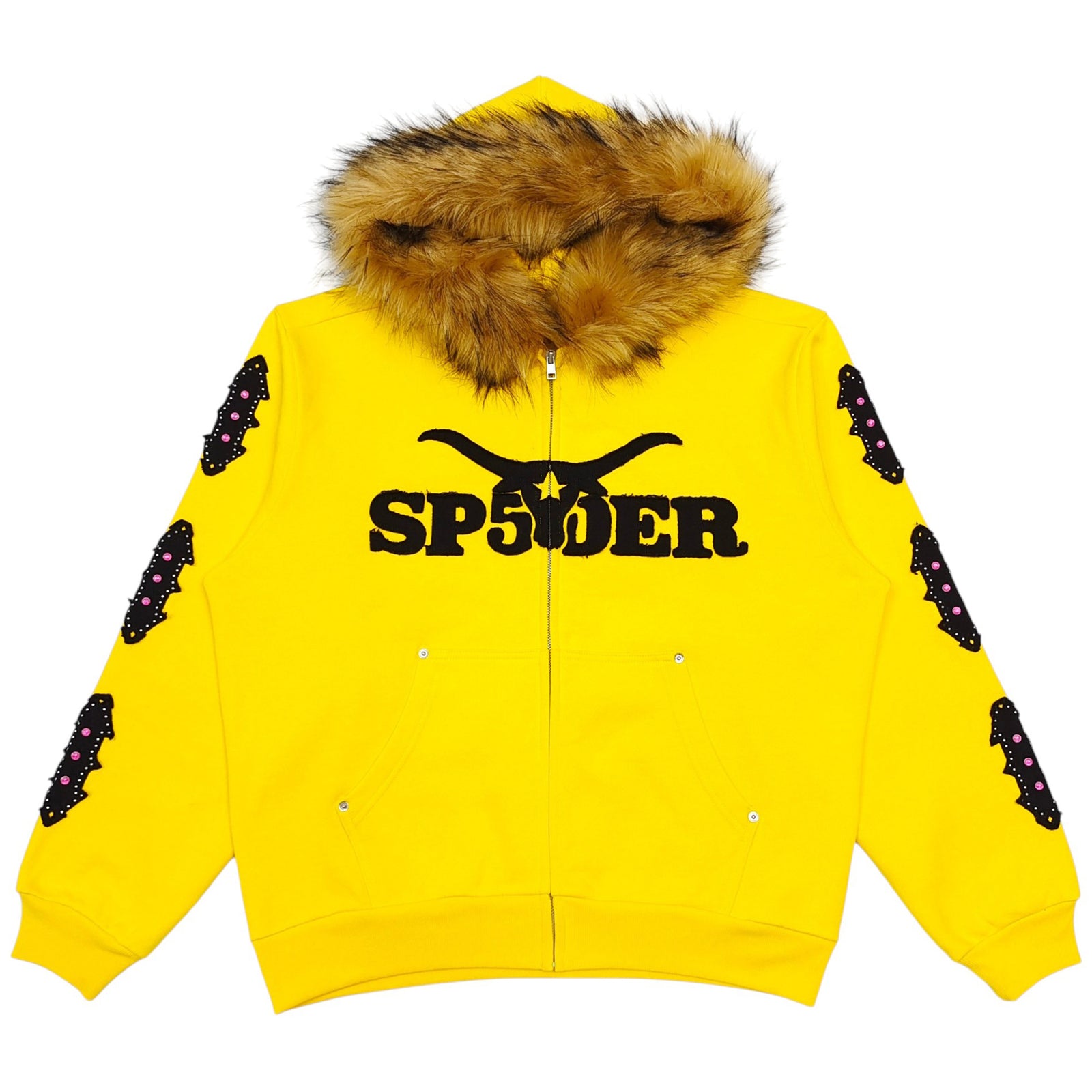 FUR HOODED FULL ZIP HOODIE SWEATSHIRT YELLOW